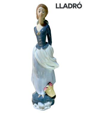 LLADRÓ Woman in the Wind Blue Dress Flower Basket Porcelain Figurine